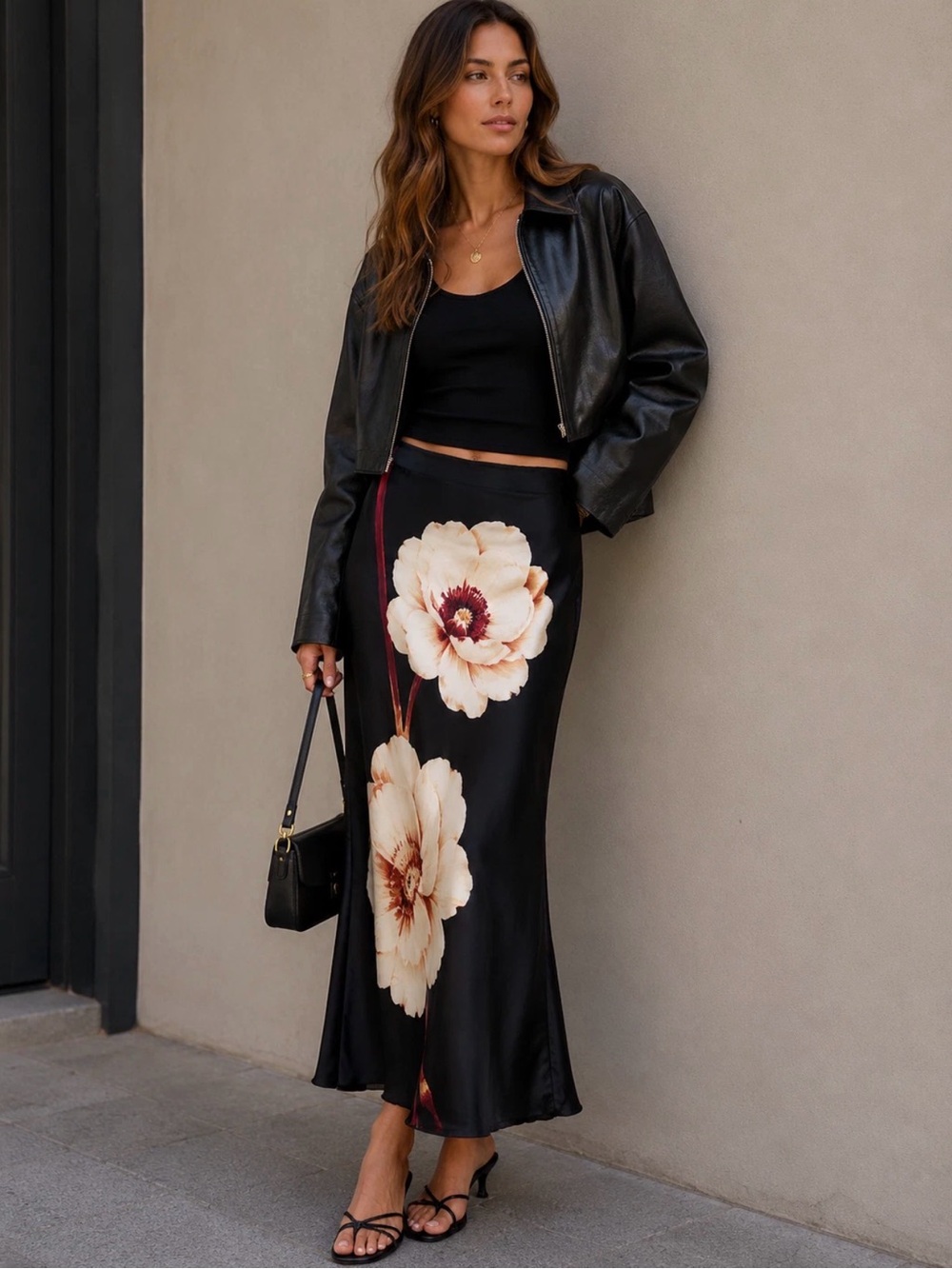 Rachel Zoe NWT Black Floral Satin Maxi Skirt Size S